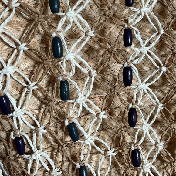 J. Crew Tan and White Textured Straw Shoulder Bag with Beaded Netting Overlay - Picture 3 of 5